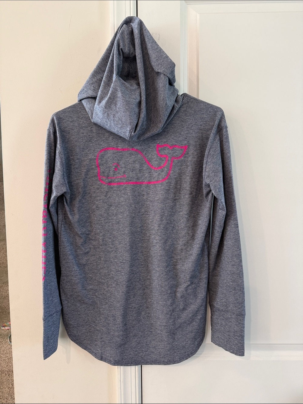 Vineyard Vines Kids Heather Gray Hoodie with Pink Whale Graphic L/14